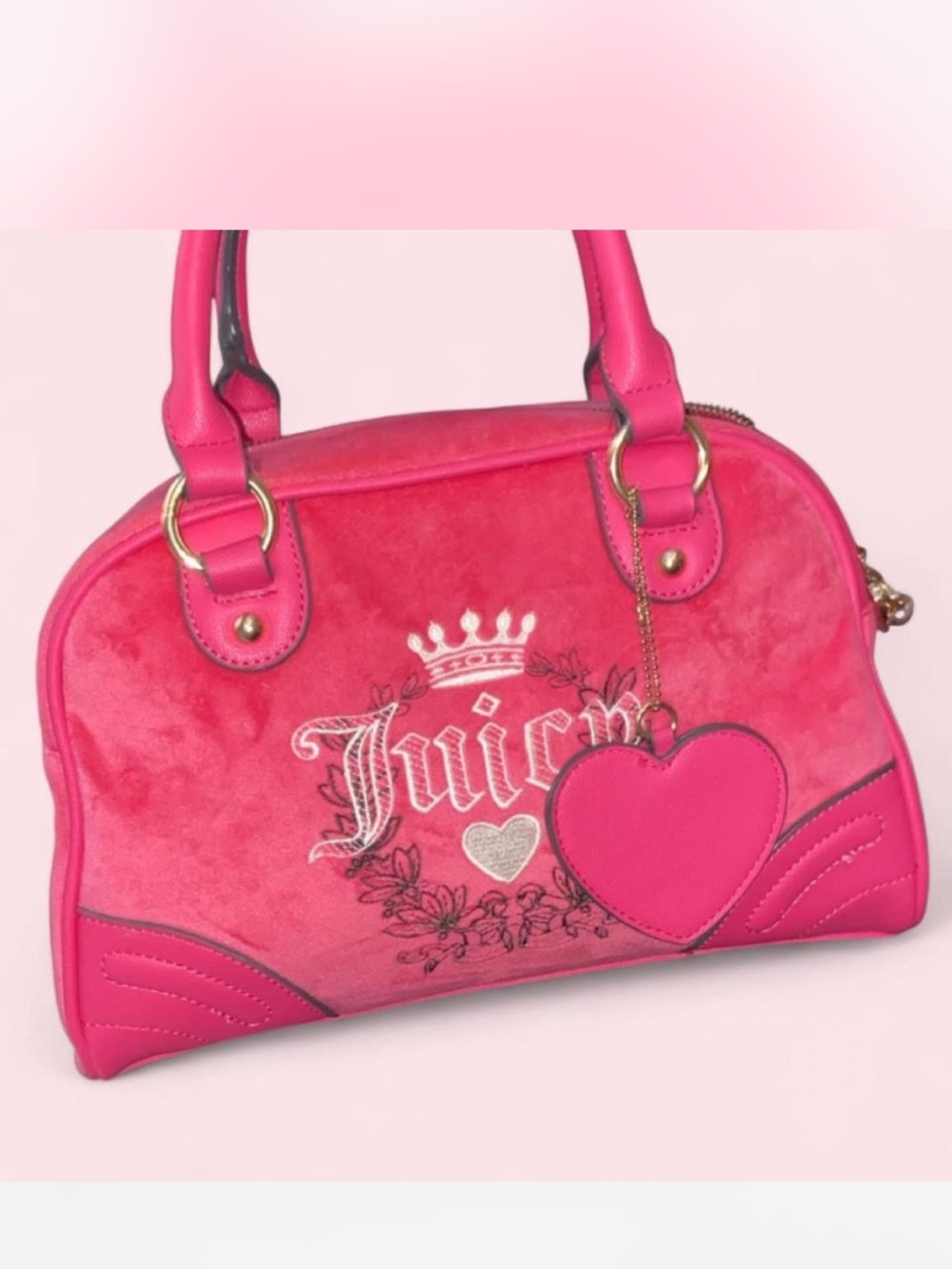 Juicy Couture Free Love Hot Pink Heart Charm Suede Satchel